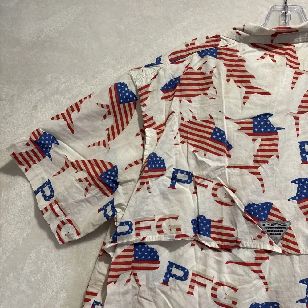 Columbia PFG American Flag Fish Shirt Men's Red White Blue Short Sleeve Large